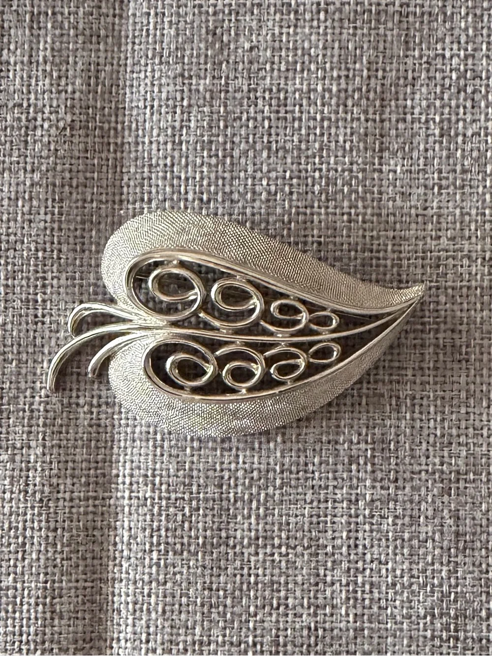 Vintage Monet Silver Tone Leaf Swirl Brooch Textured | Mid Century Pin